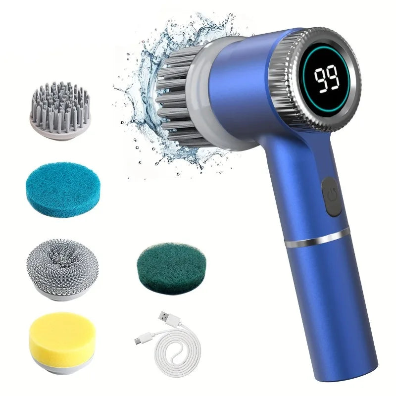 Tidewell Power Scrubber with its five interchangeable cleaning heads and USB-C charging cable