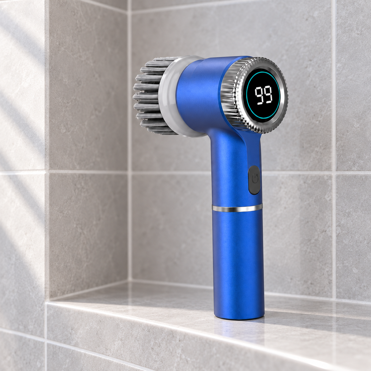 Tidewell Power Scrubber standing on a tiled shower shelf beside the grout lines
