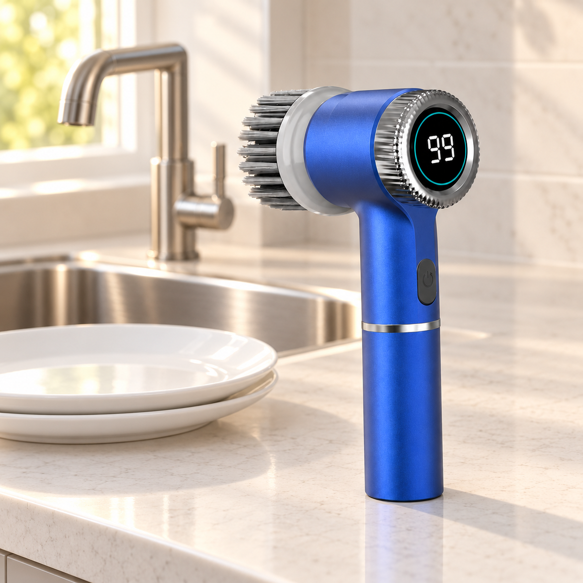 Tidewell Power Scrubber on a kitchen countertop next to a stainless steel sink