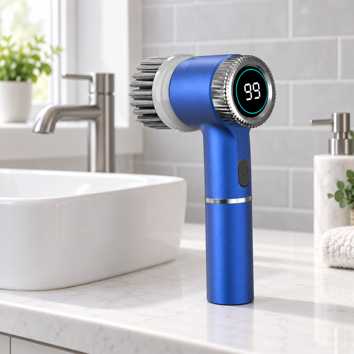 Tidewell Power Scrubber on a marble bathroom counter next to a white sink
