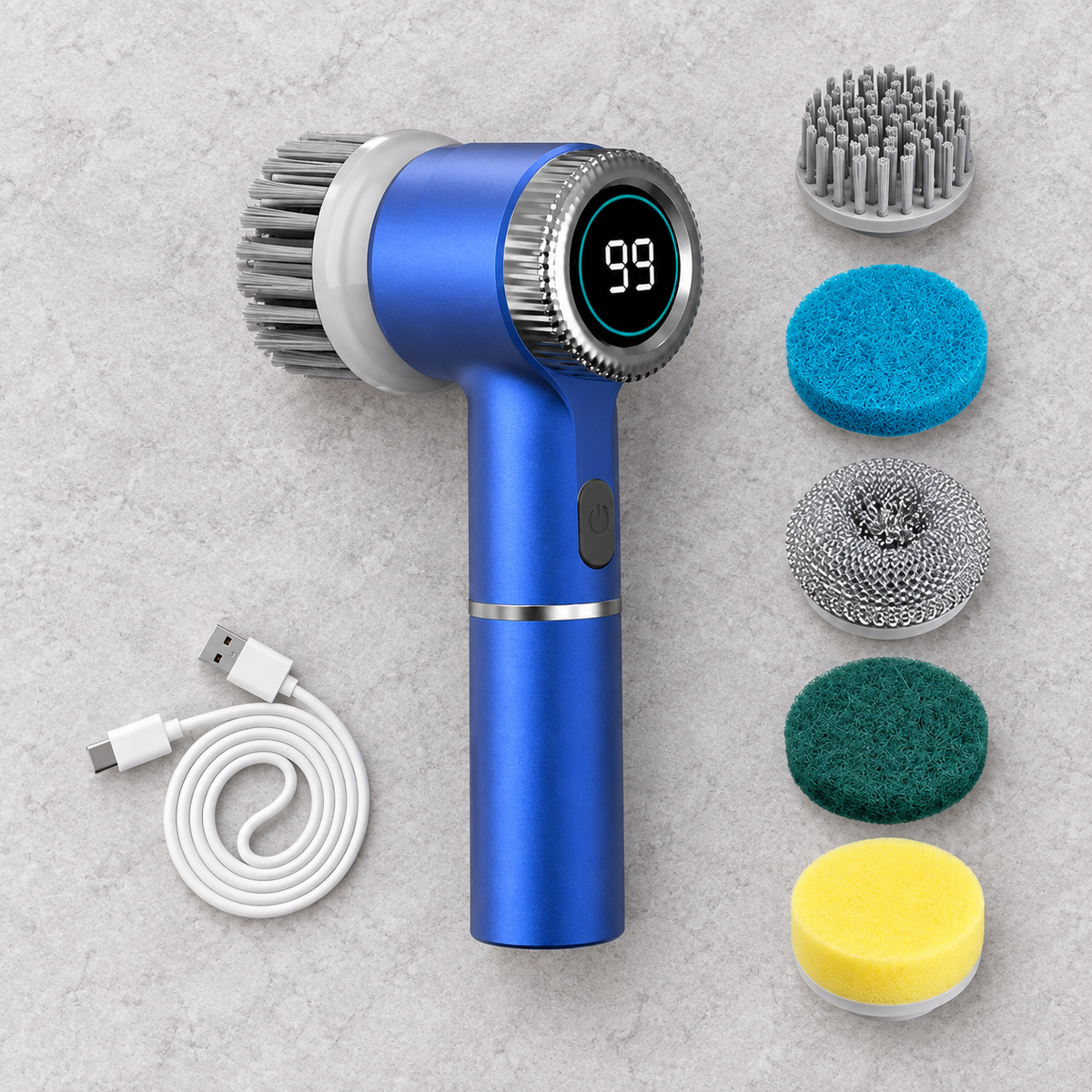 Everything included with the Tidewell Power Scrubber: five brush heads and a USB-C cable